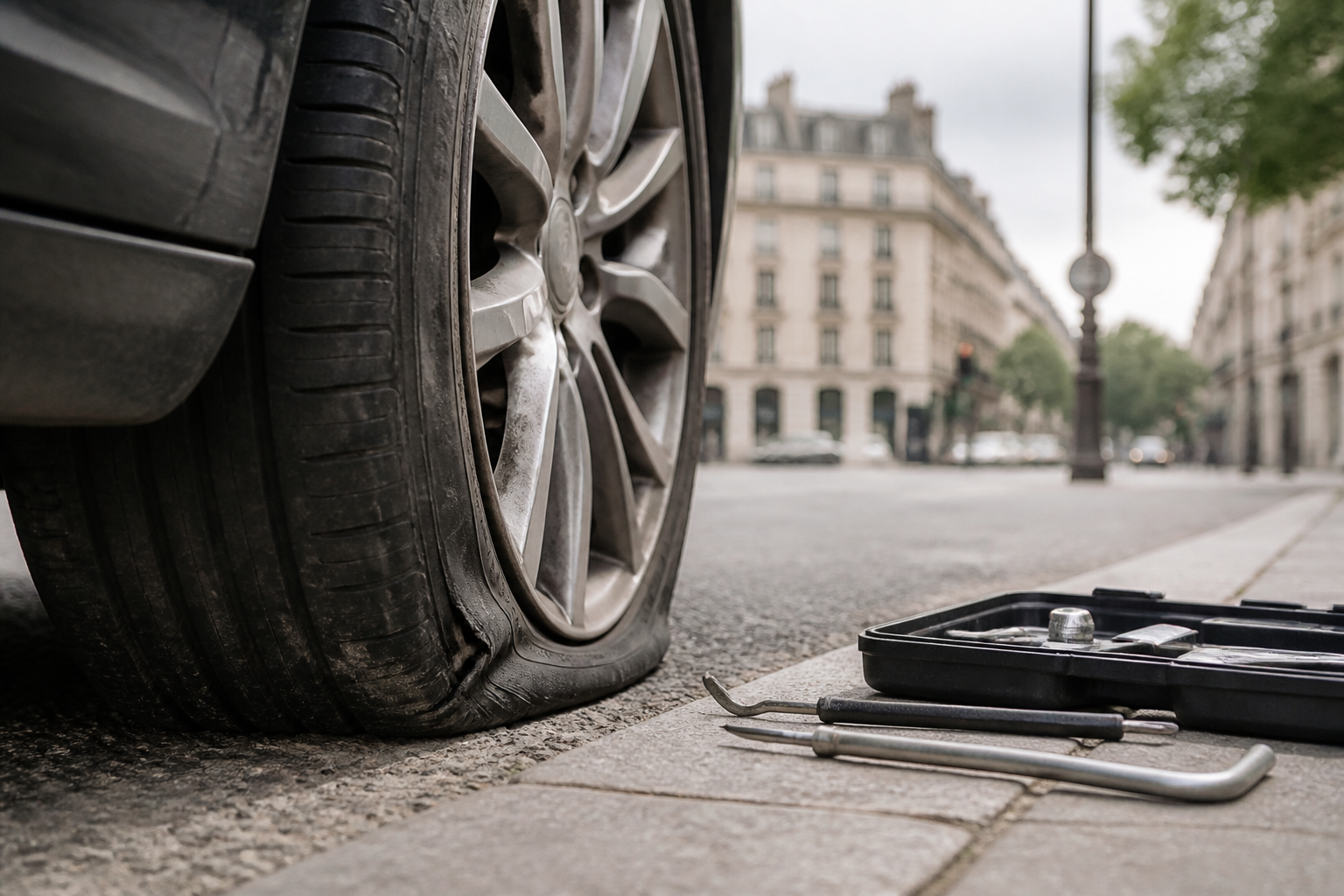 Pneu crevé et outils de réparation automobile dans un cadre urbain parisien