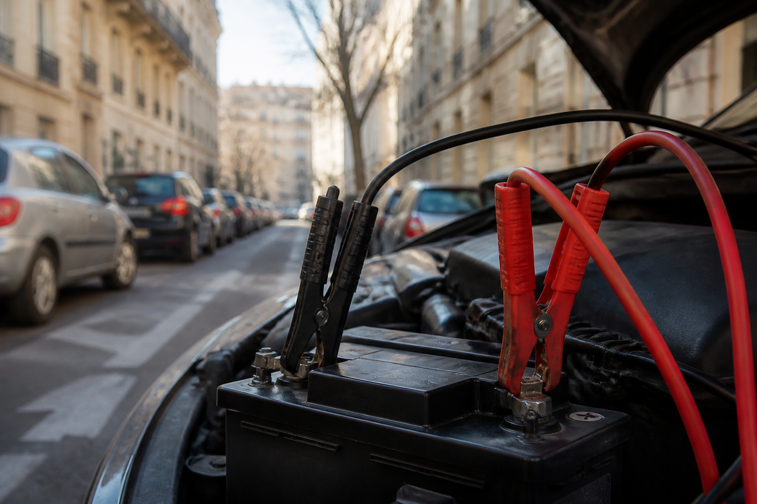 Batterie de voiture avec câbles de démarrage à Paris