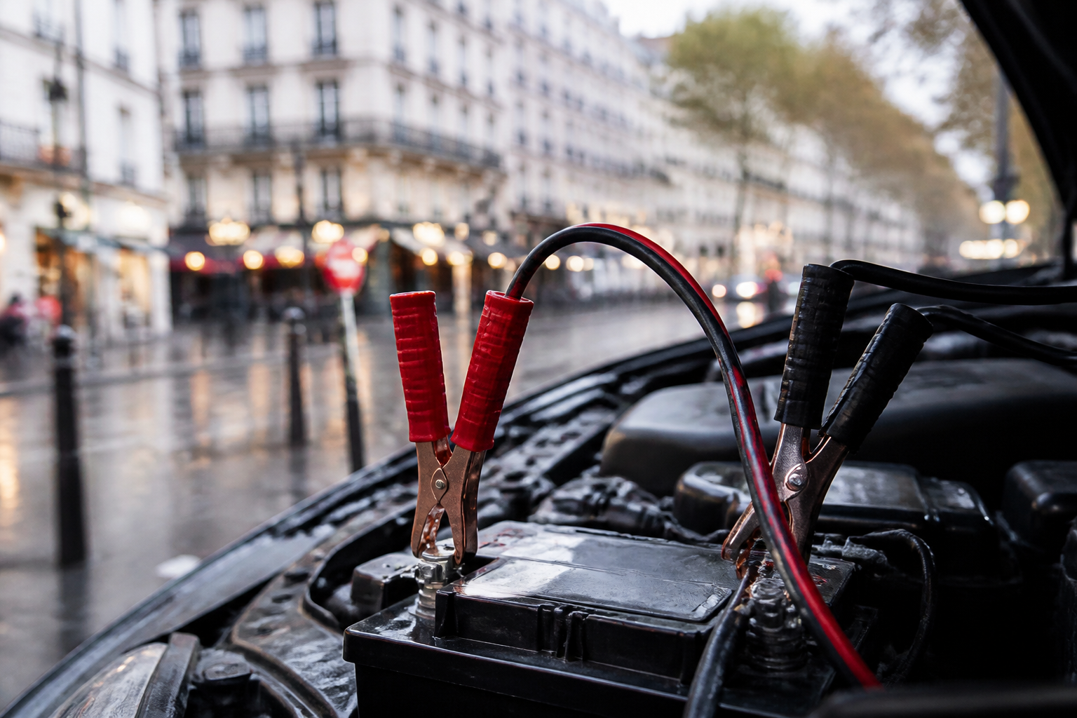 Batterie de voiture avec câbles de démarrage à Paris
