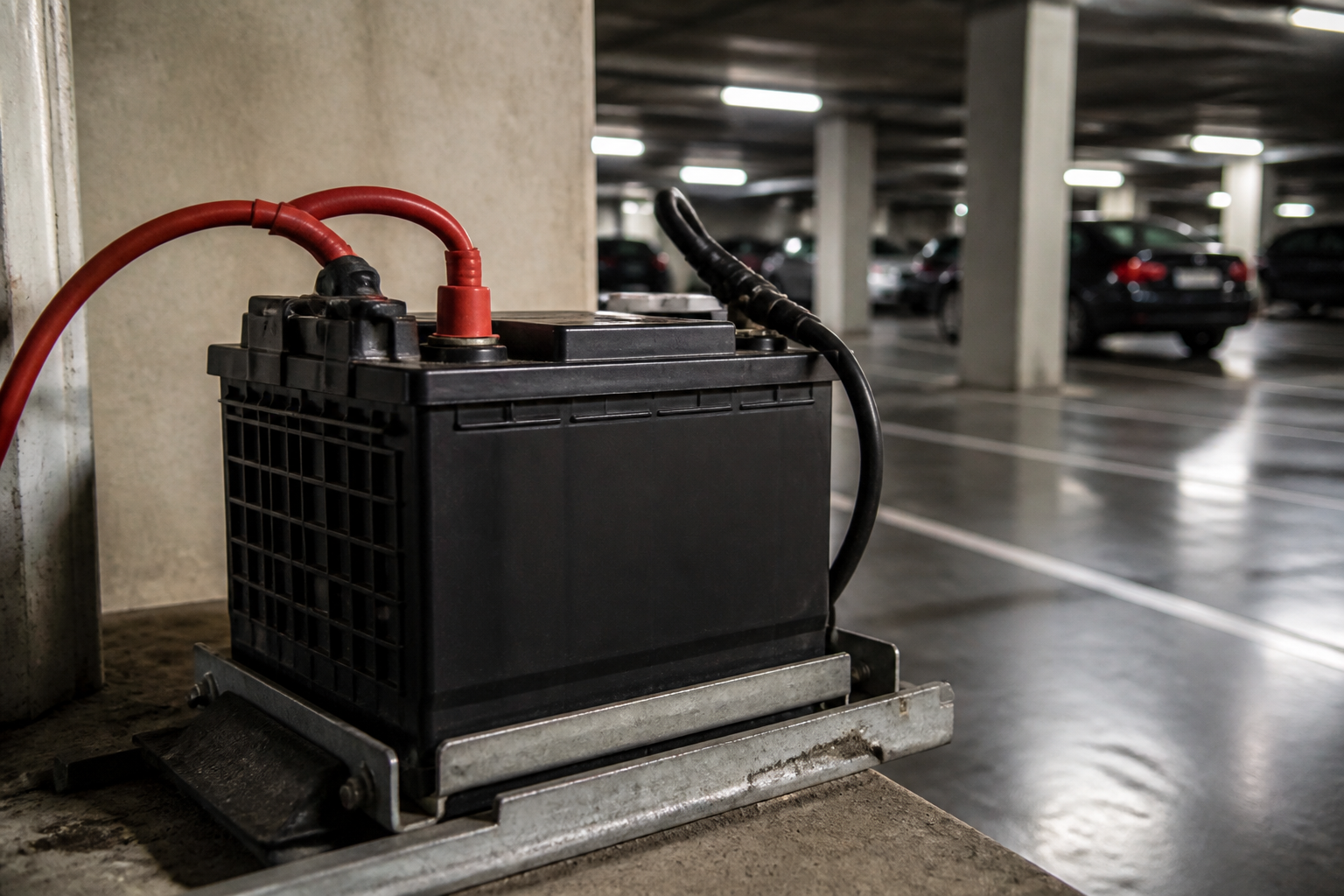 Batterie de voiture dans un parking souterrain à Paris