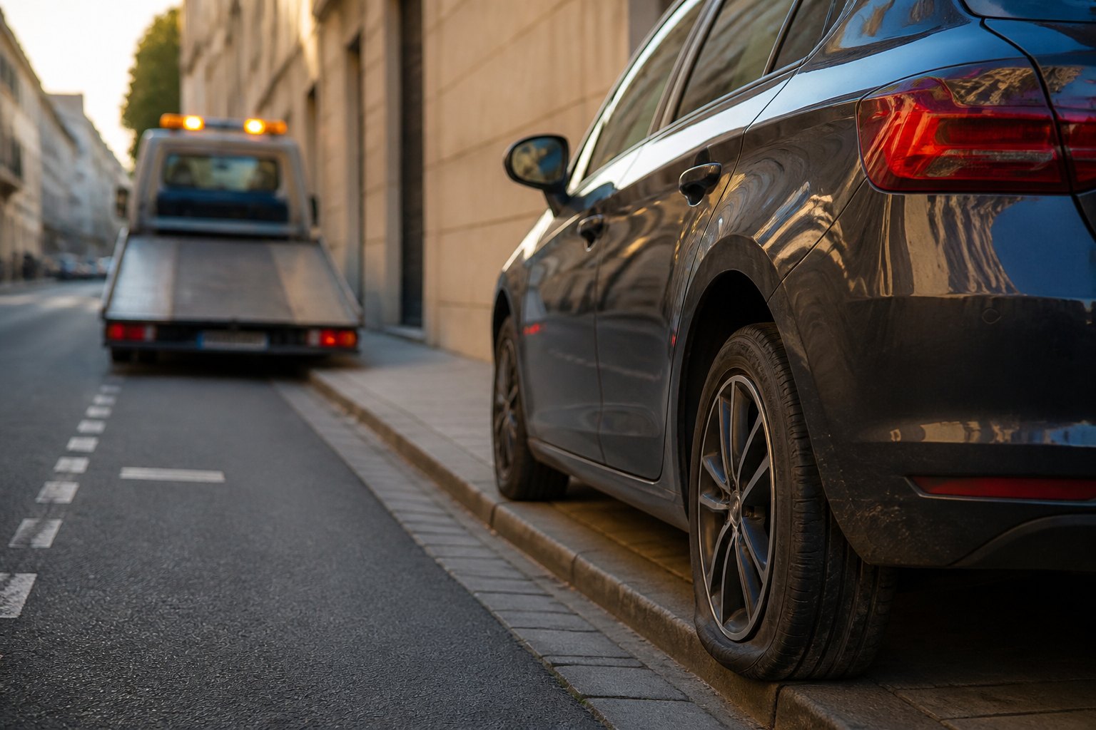 Voiture en crevaison dans une rue étroite à Paris avec dépanneuse