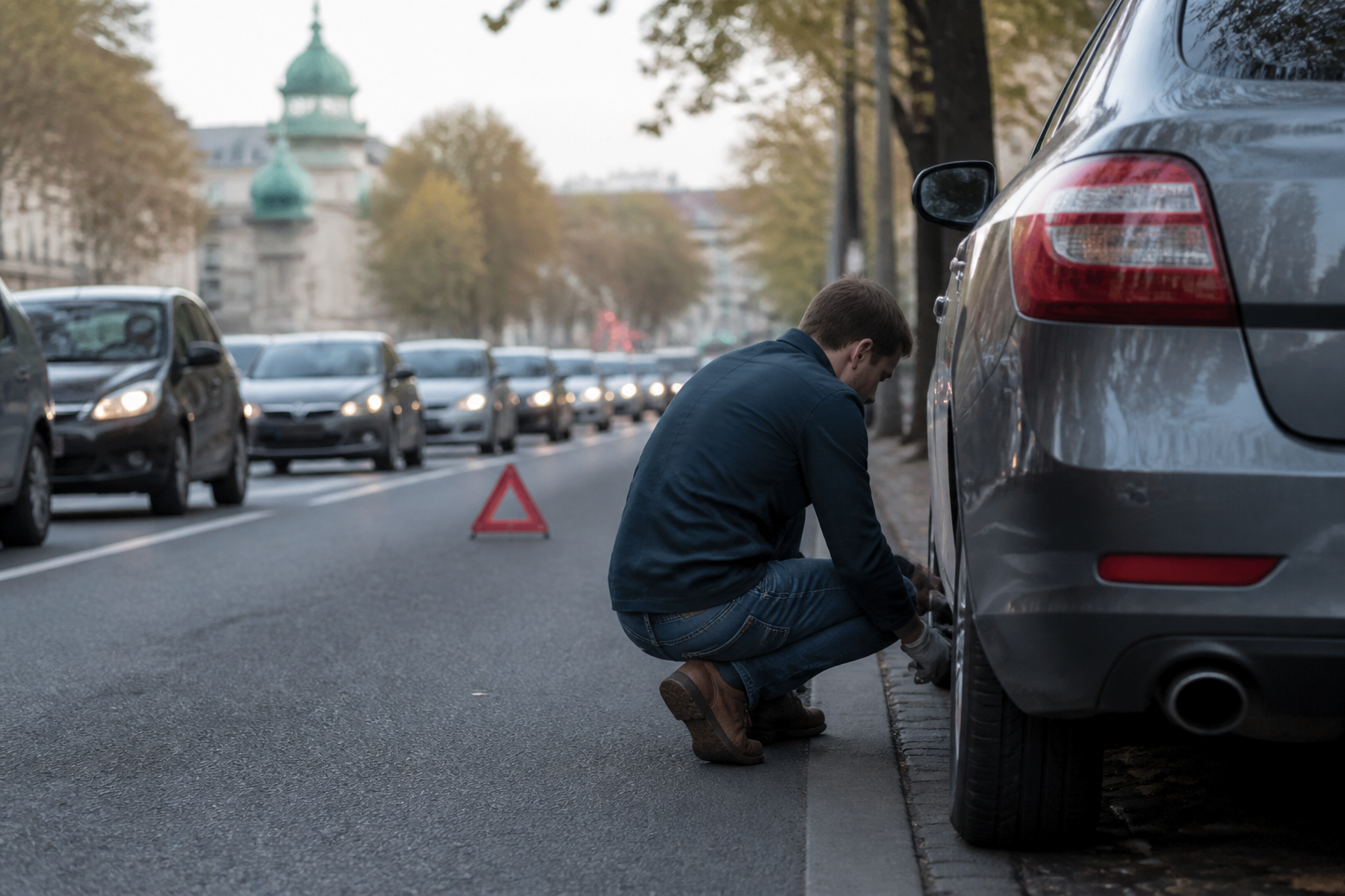 Pneu crevé avec triangle de signalisation sur route parisienne