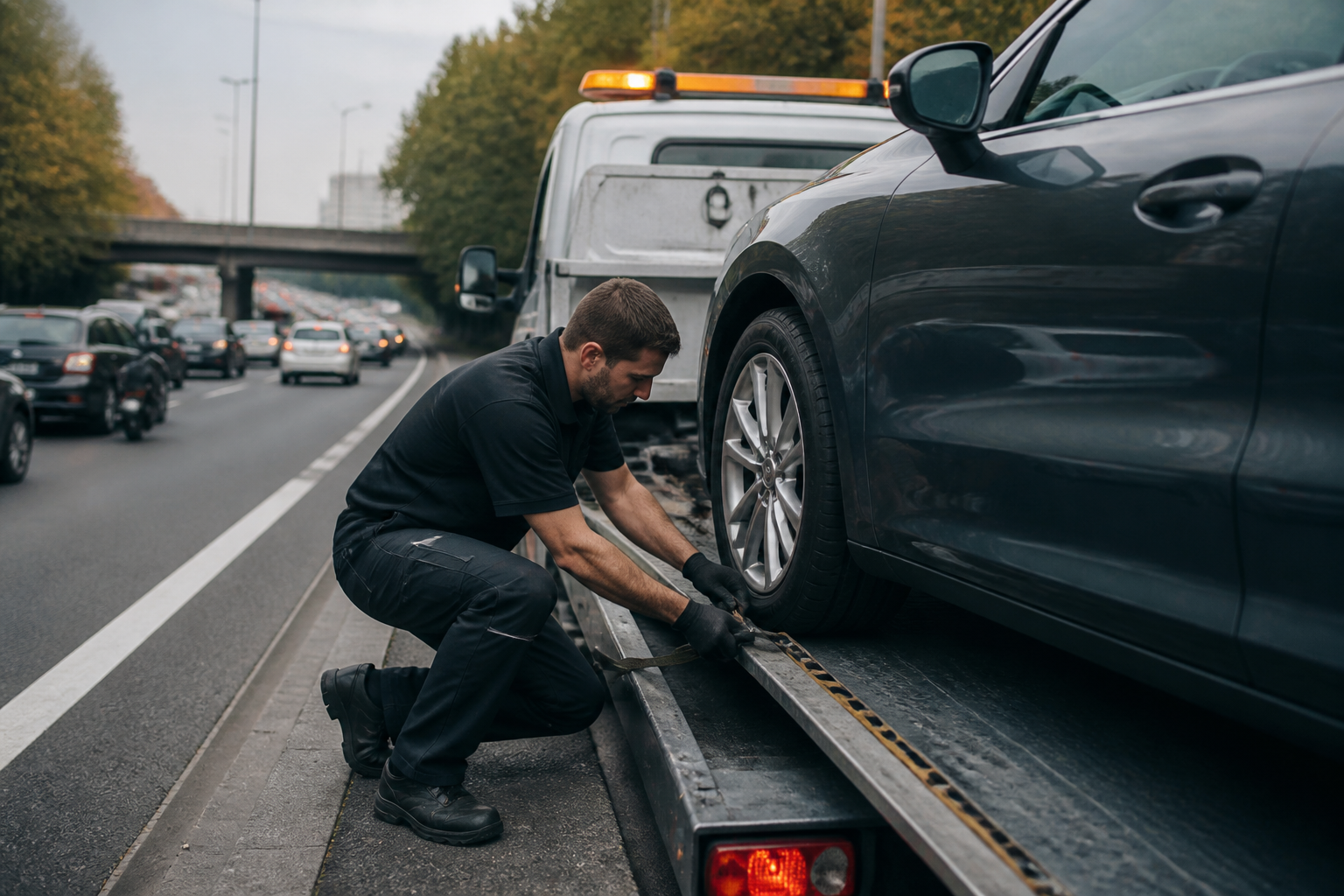 Dépanneuse en intervention pour remorquage sur le périphérique parisien