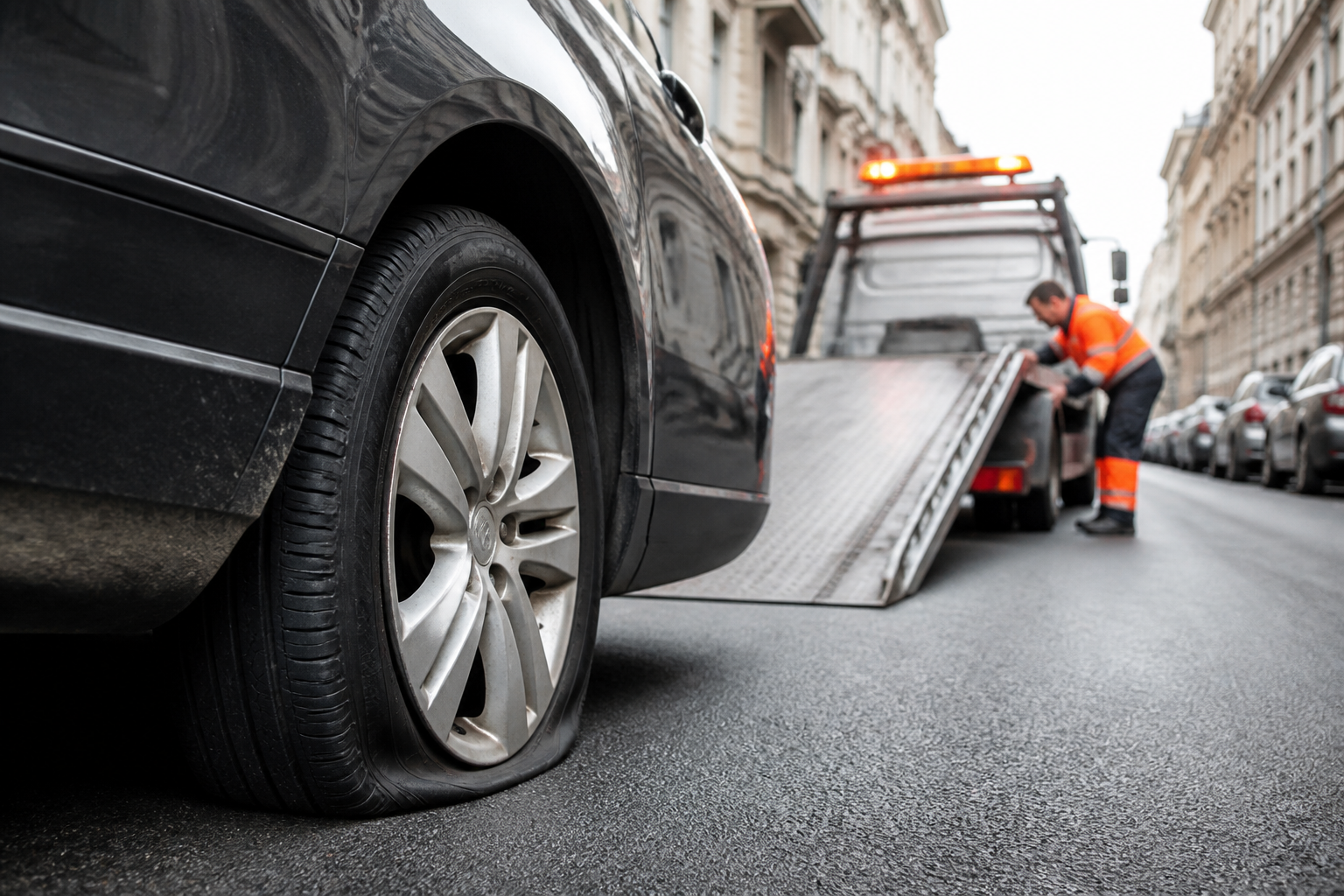Pneu crevé sur voiture dans rue à sens unique à Paris avec dépanneur à côté