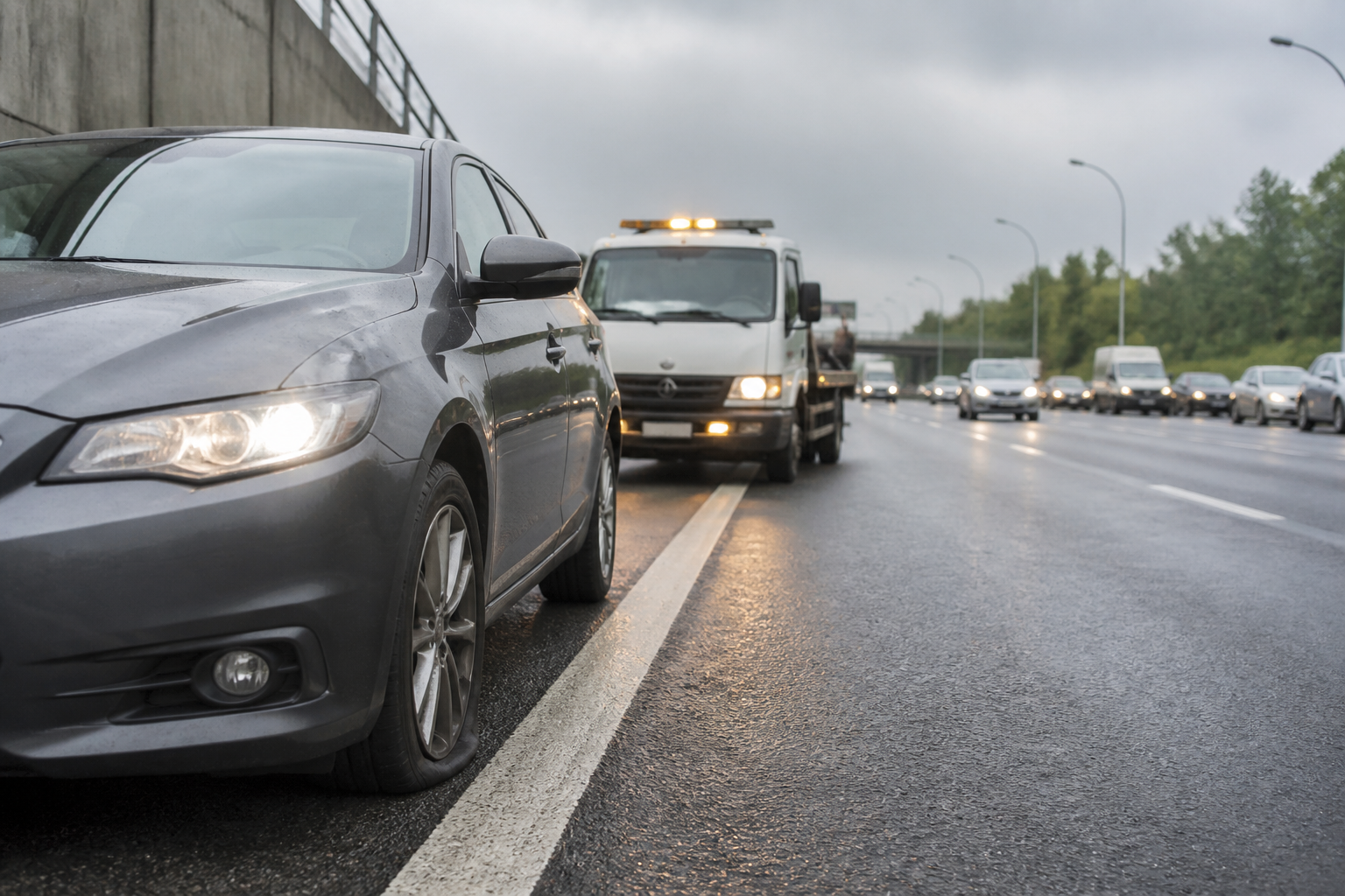 Voiture avec crevaison sur le périphérique parisien en attente de dépanneuse
