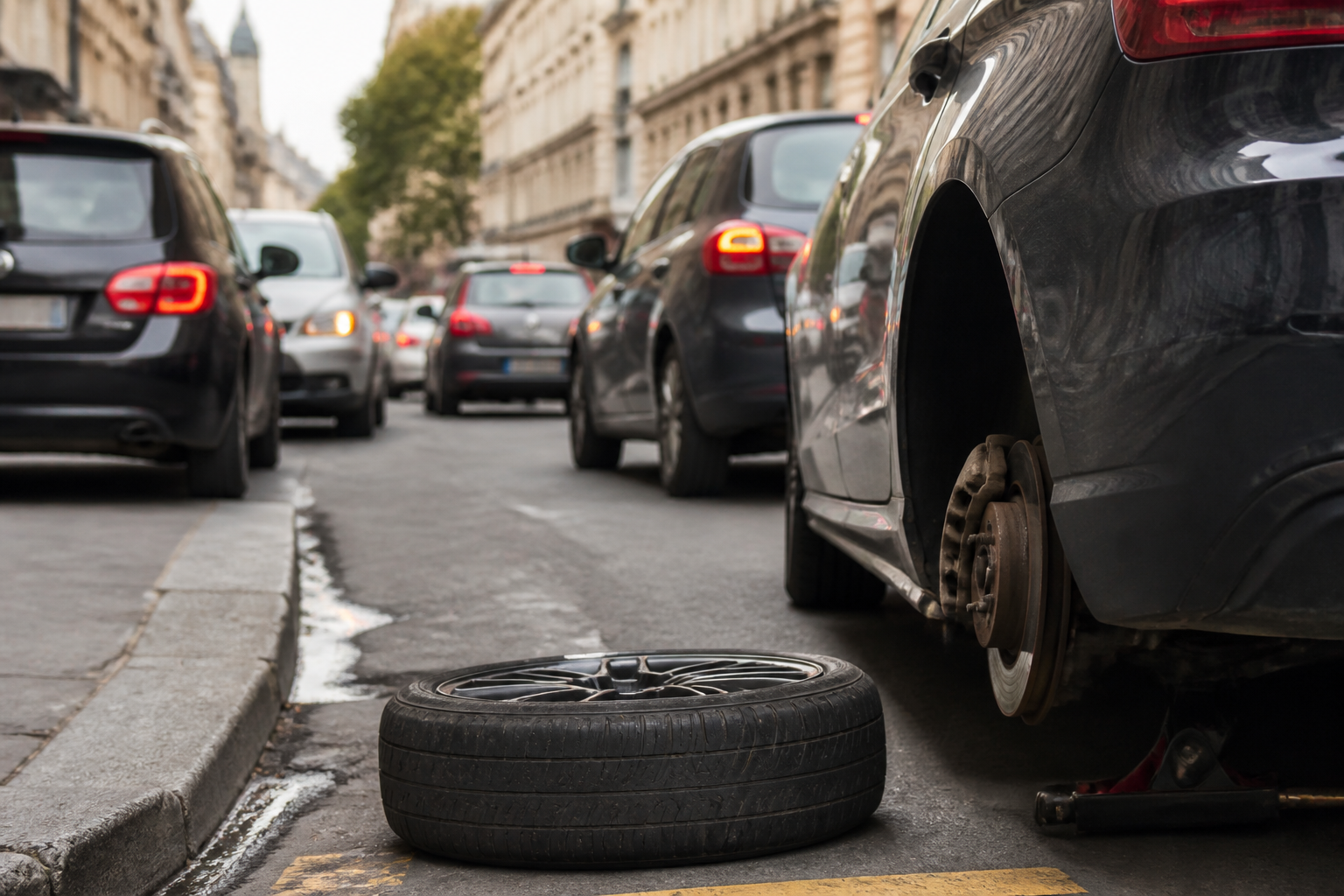 Voiture immobilisée à Paris suite à une crevaison dans une rue étroite