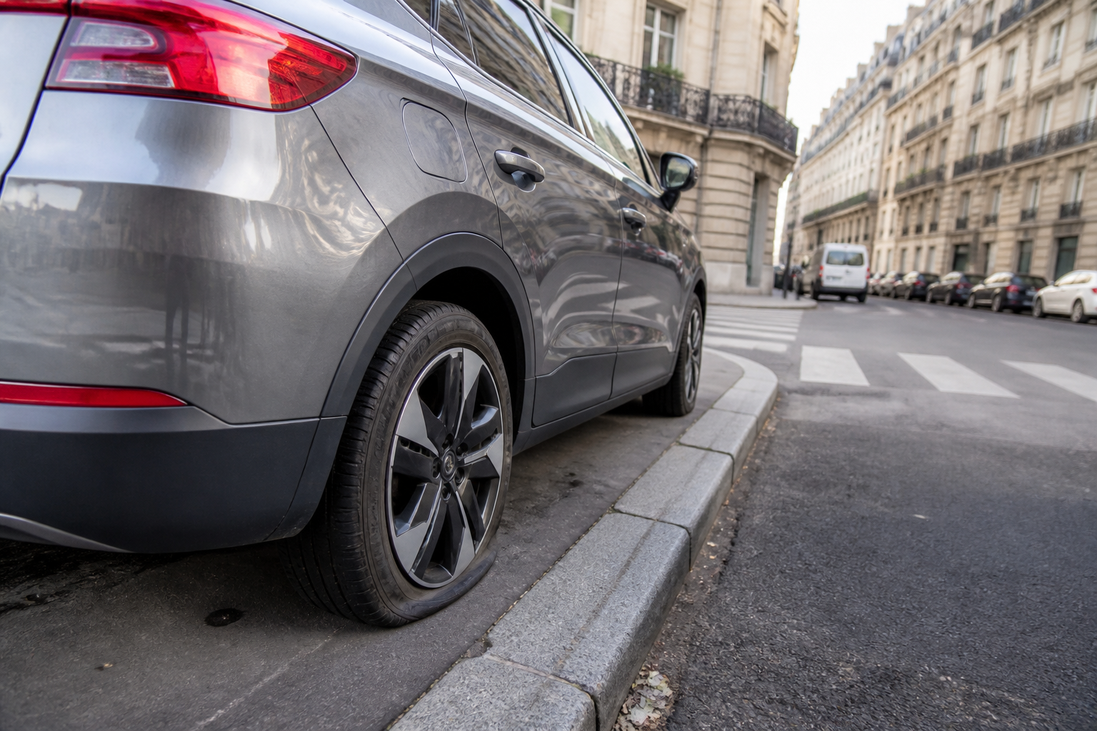 Pneu crevé d'une voiture dans rue typique de Paris