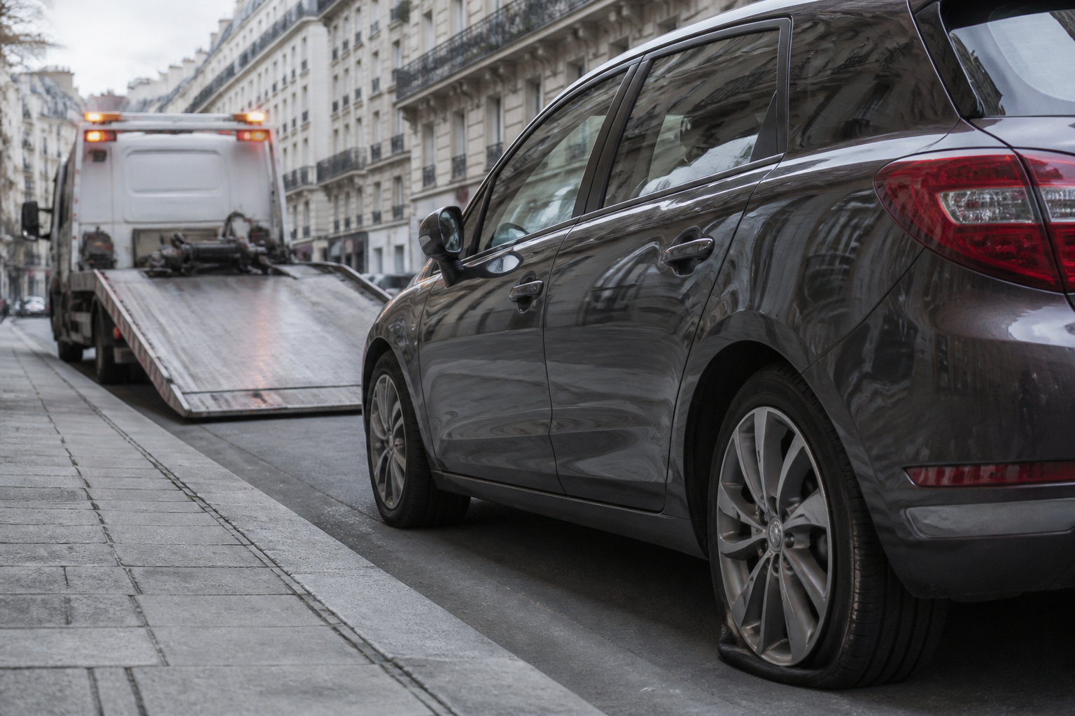 Voiture crevée et dépanneuse à Paris dans une rue étroite