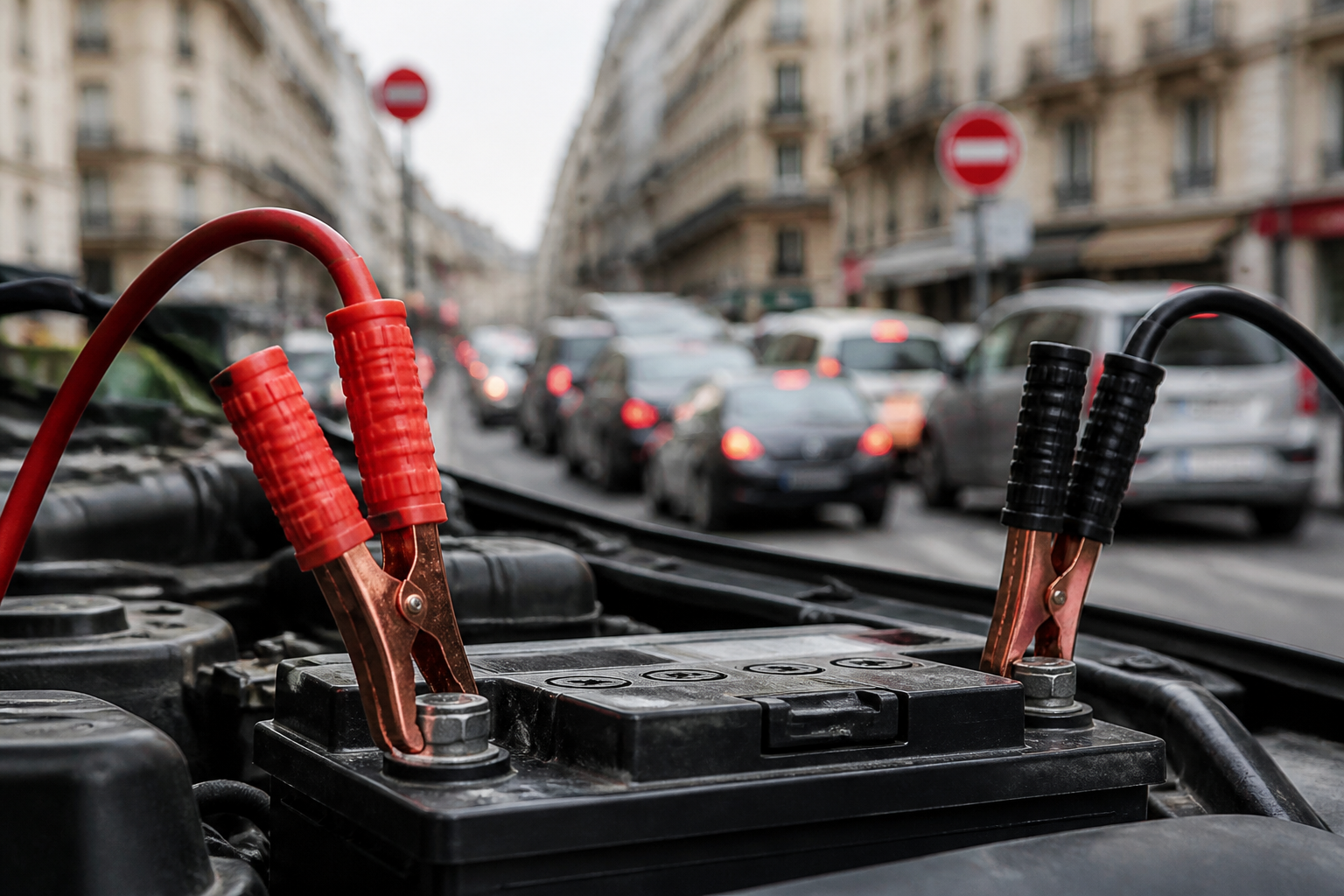 Câbles de démarrage branchés sur batterie avec fond rue parisienne