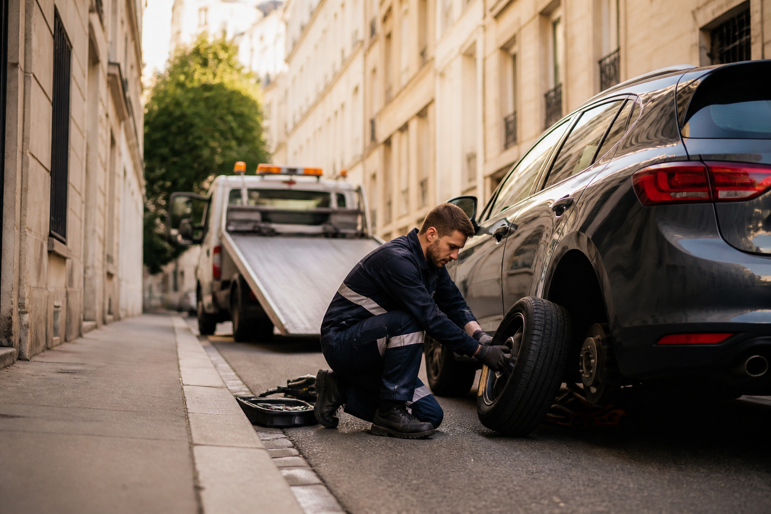 Pneu crevé d'une voiture dans une rue à sens unique à Paris avec dépanneur