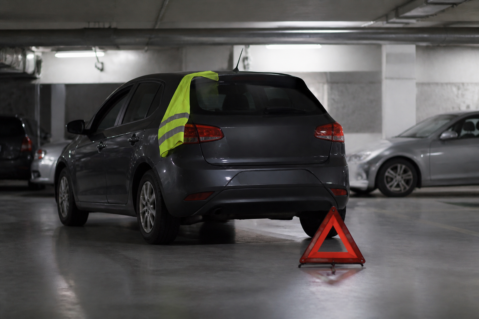 Voiture immobilisée dans un parking souterrain avec triangle de signalisation à Paris