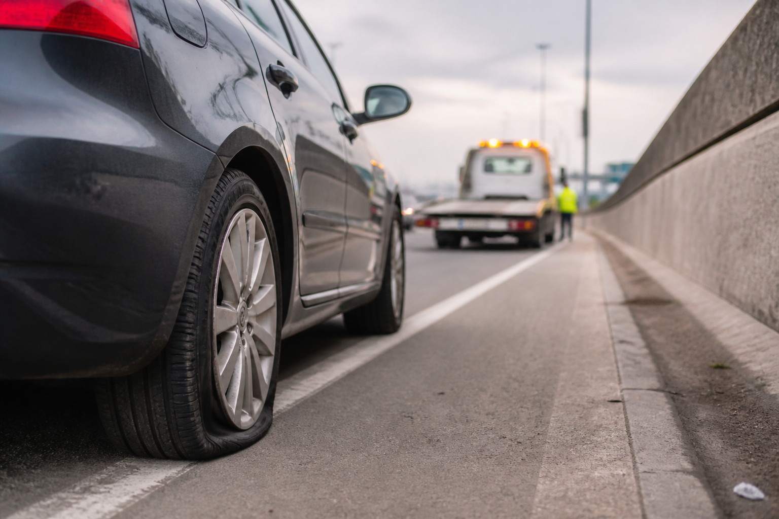 Voiture avec pneu crevé sur bande d'arrêt d'urgence du périphérique à Paris avec dépanneuse à proximité