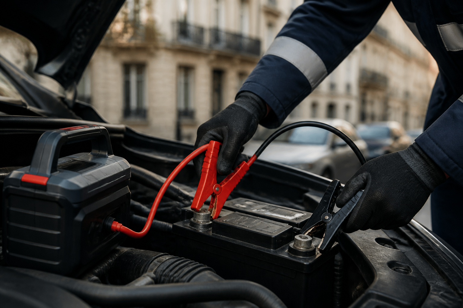 Dépanneur branchant un booster sur batterie de voiture dans la rue à Paris
