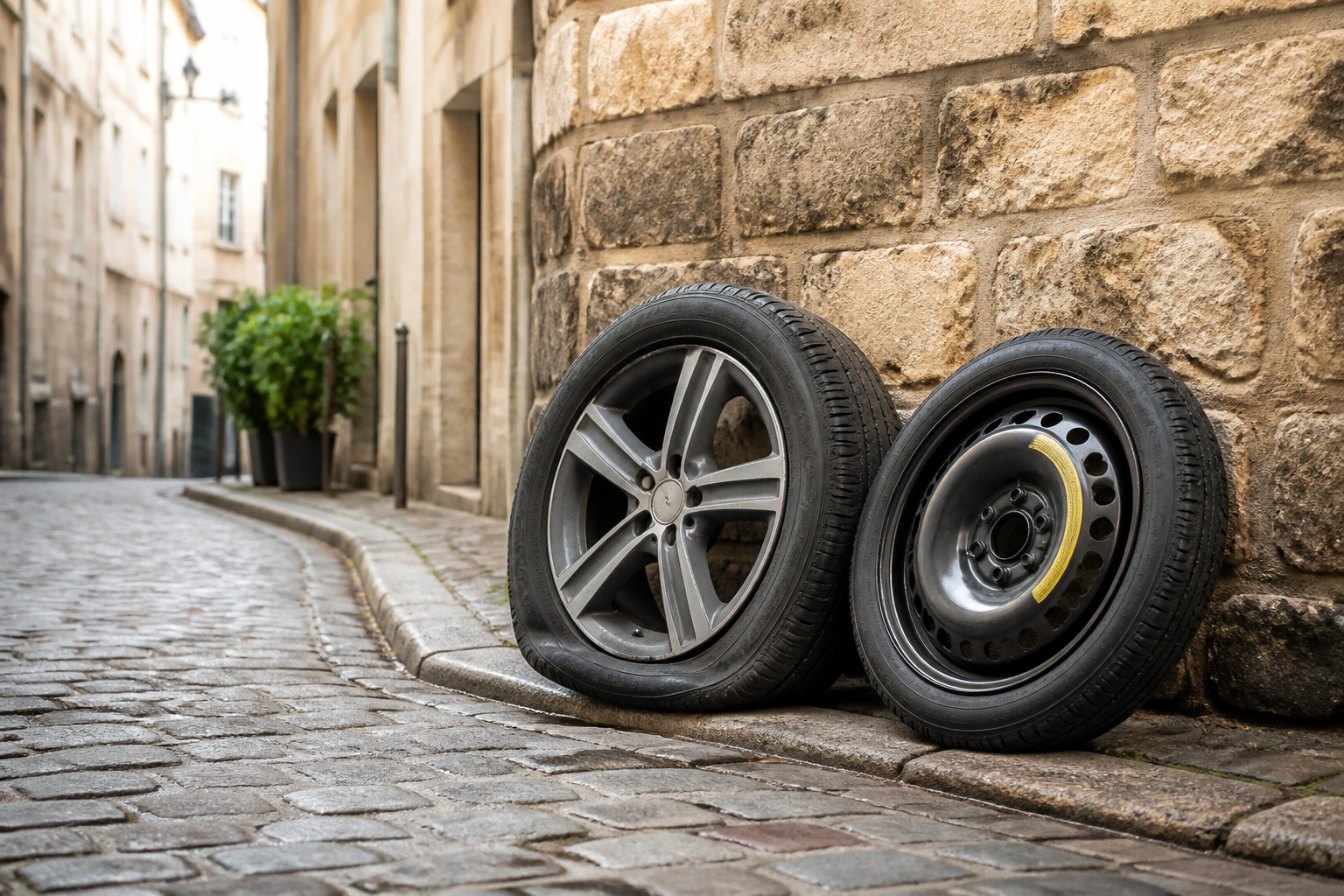 Pneu crevé et roue de secours dans une ruelle de Paris