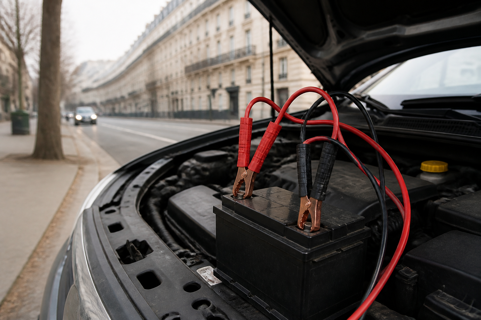 Batterie voiture avec câbles de démarrage prête à dépanner en ville