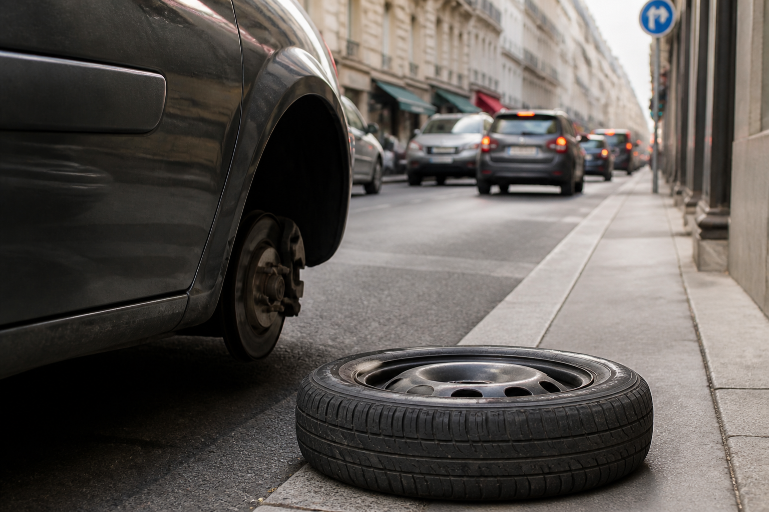 Voiture avec pneu crevé dans rue à sens unique à Paris