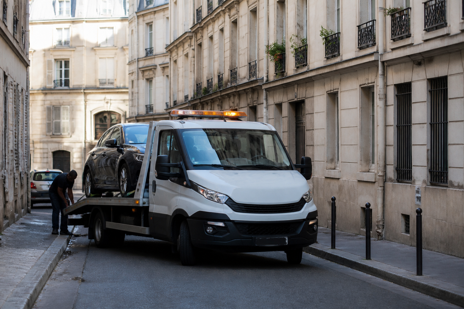 Dépanneuse en intervention dans une rue étroite typique de Paris