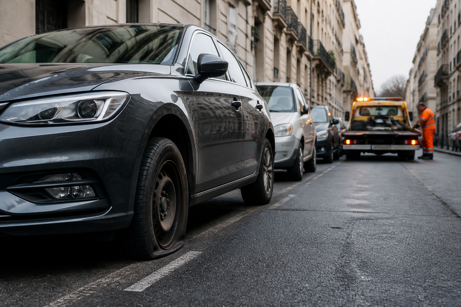 Voiture avec pneu crevé en stationnement parisien en attente de dépannage