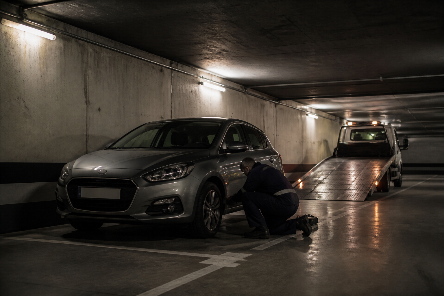 Véhicule crevé en parking souterrain à Paris avec dépanneuse