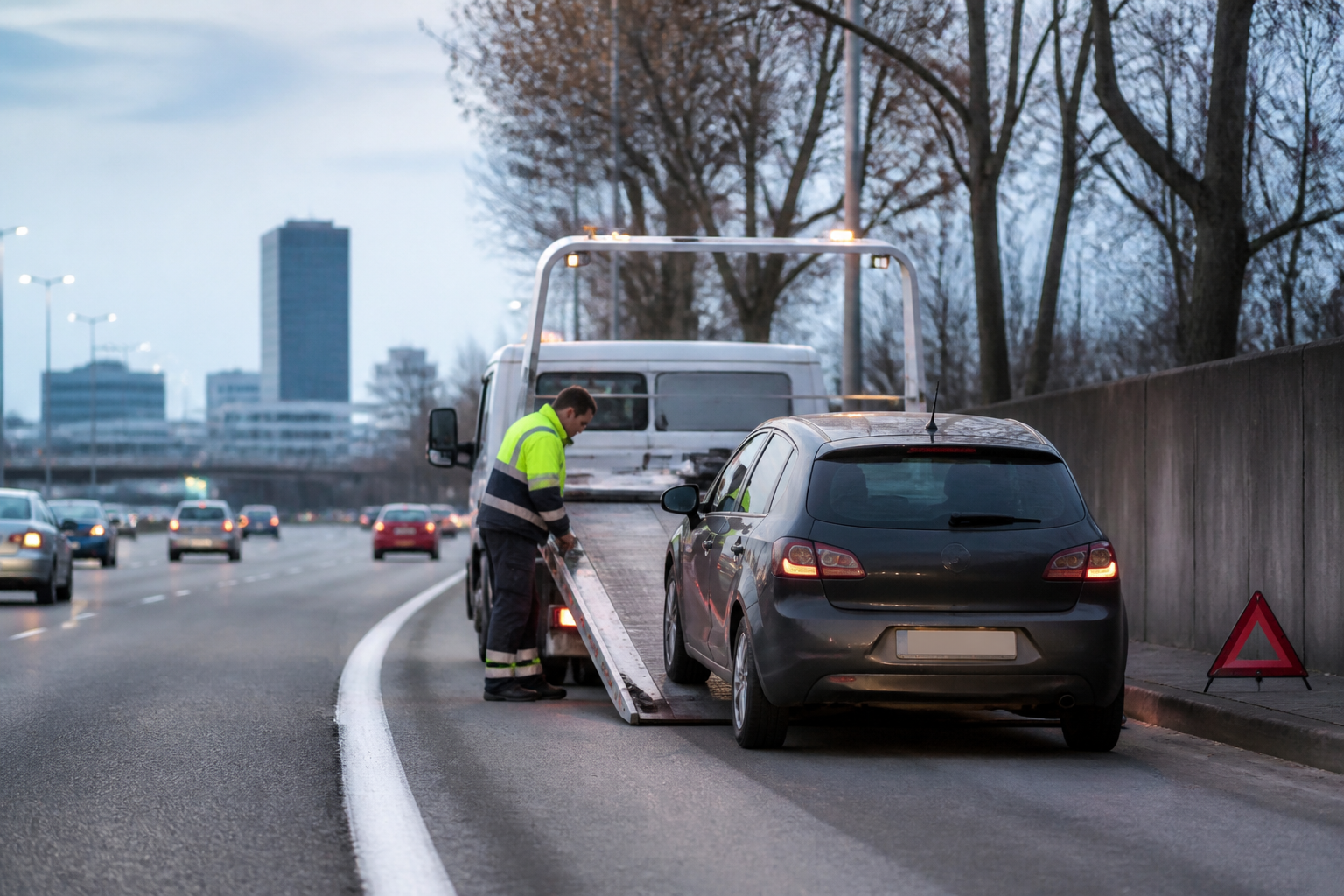 Voiture en panne sur bande d’arrêt d’urgence du périphérique à Paris avec dépanneuse
