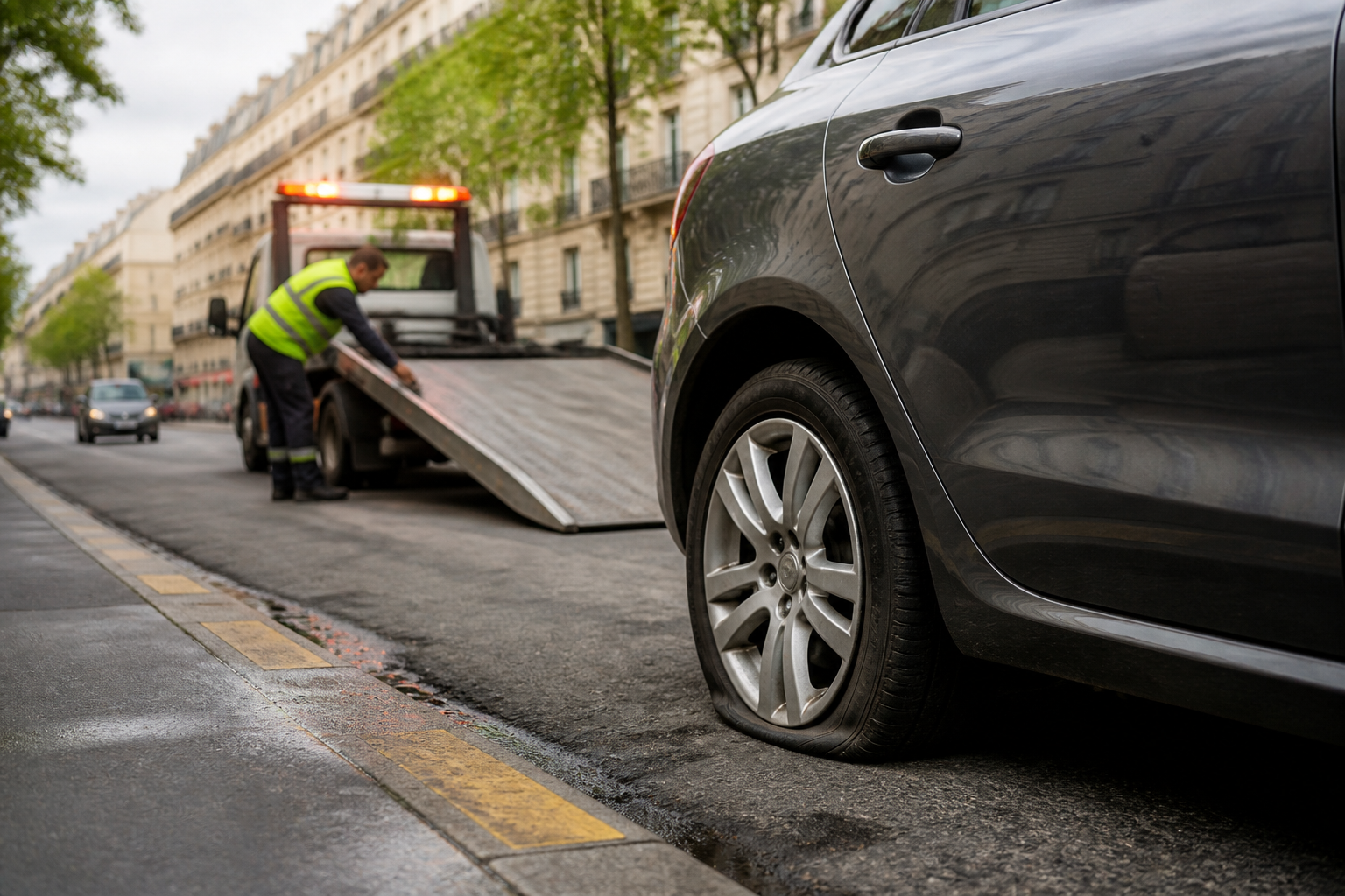 Pneu crevé sur une voiture à Paris avec dépanneur préparant le remorquage