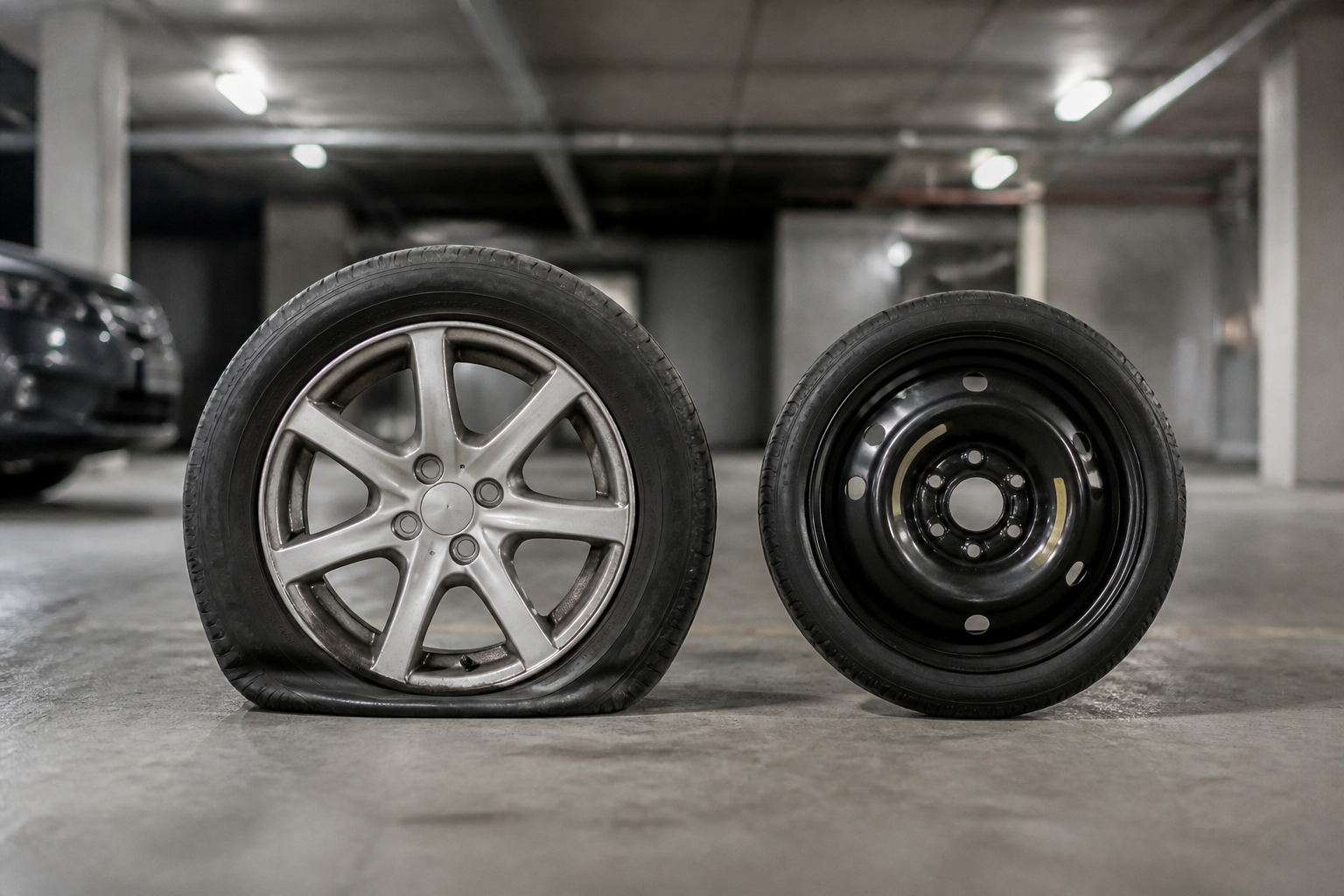 Pneu crevé et roue de secours dans un parking souterrain à Paris