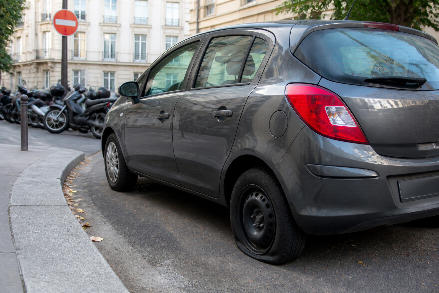 Voiture avec pneu crevé garée sur un trottoir à Paris