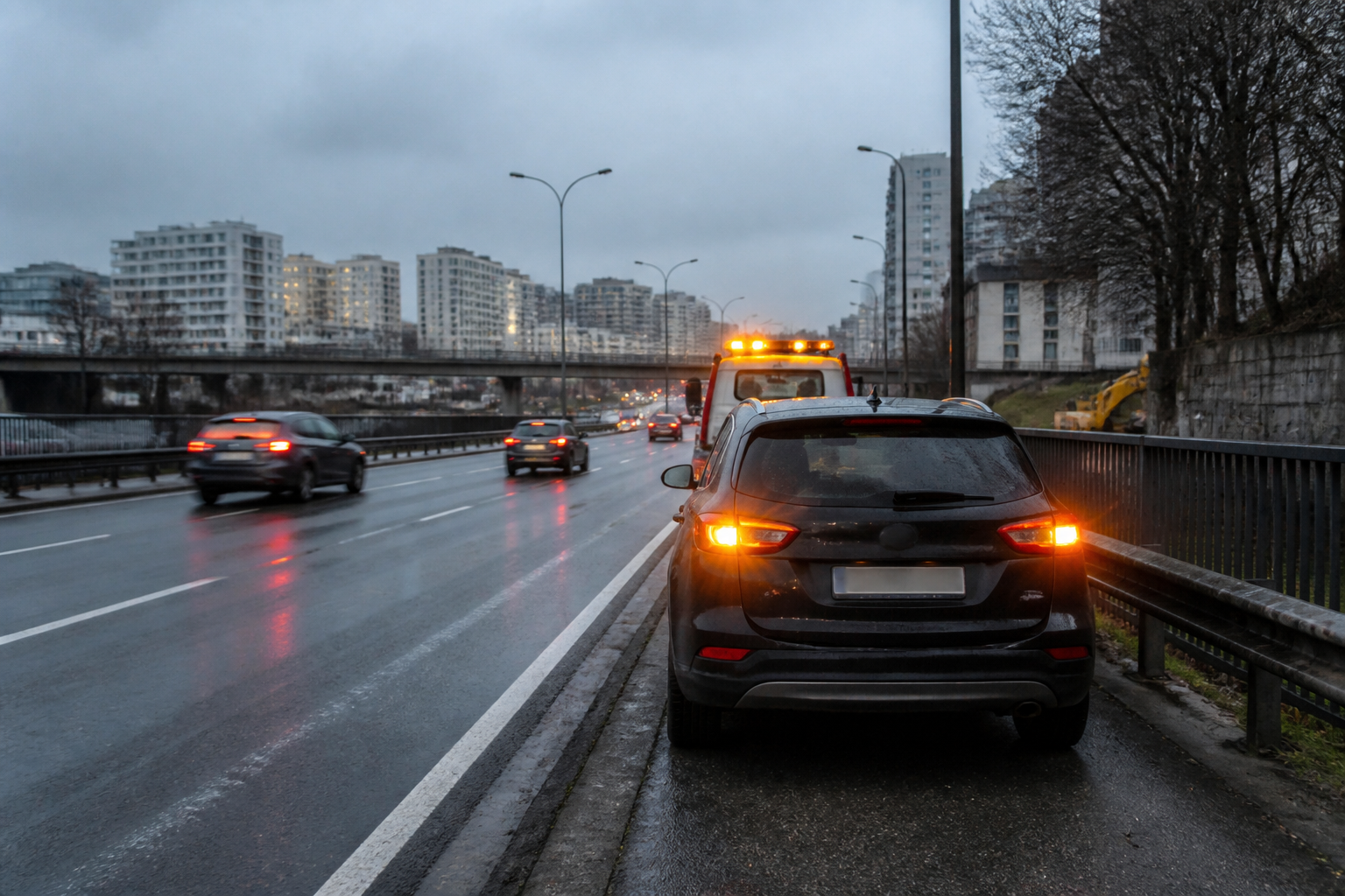 Voiture arrêtée sur périphérique Paris avec feux de détresse en attente assistance auto