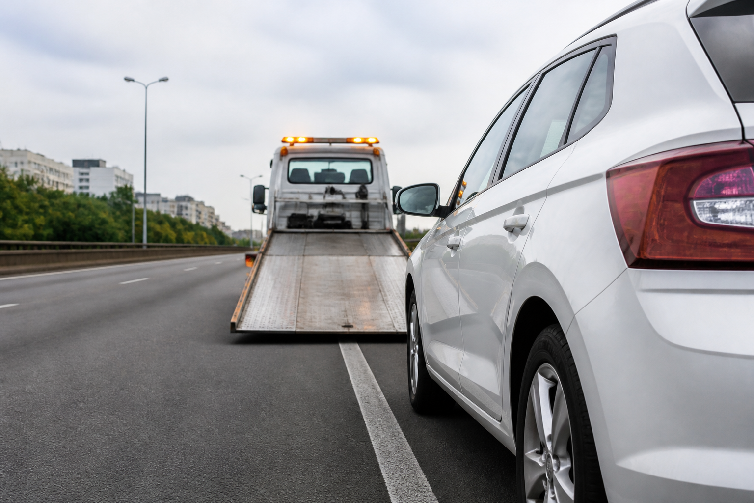 Voiture immobilisée sur périphérique parisien avec dépanneuse