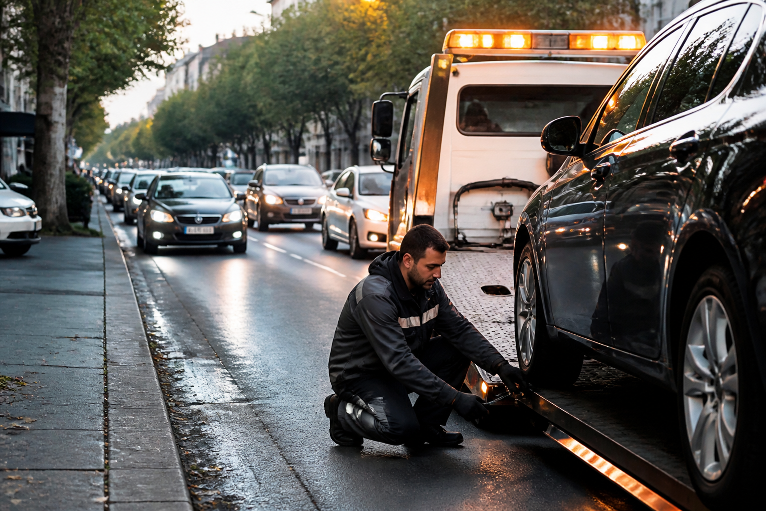 Dépanneuse intervenant pour réparation pneu dans une avenue à Paris