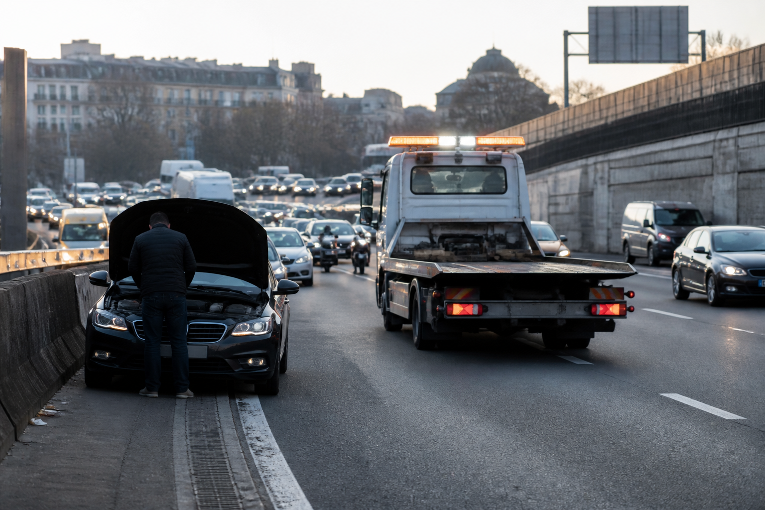 Dépanneuse intervenant pour crevaison sur le périphérique de Paris en heure de pointe