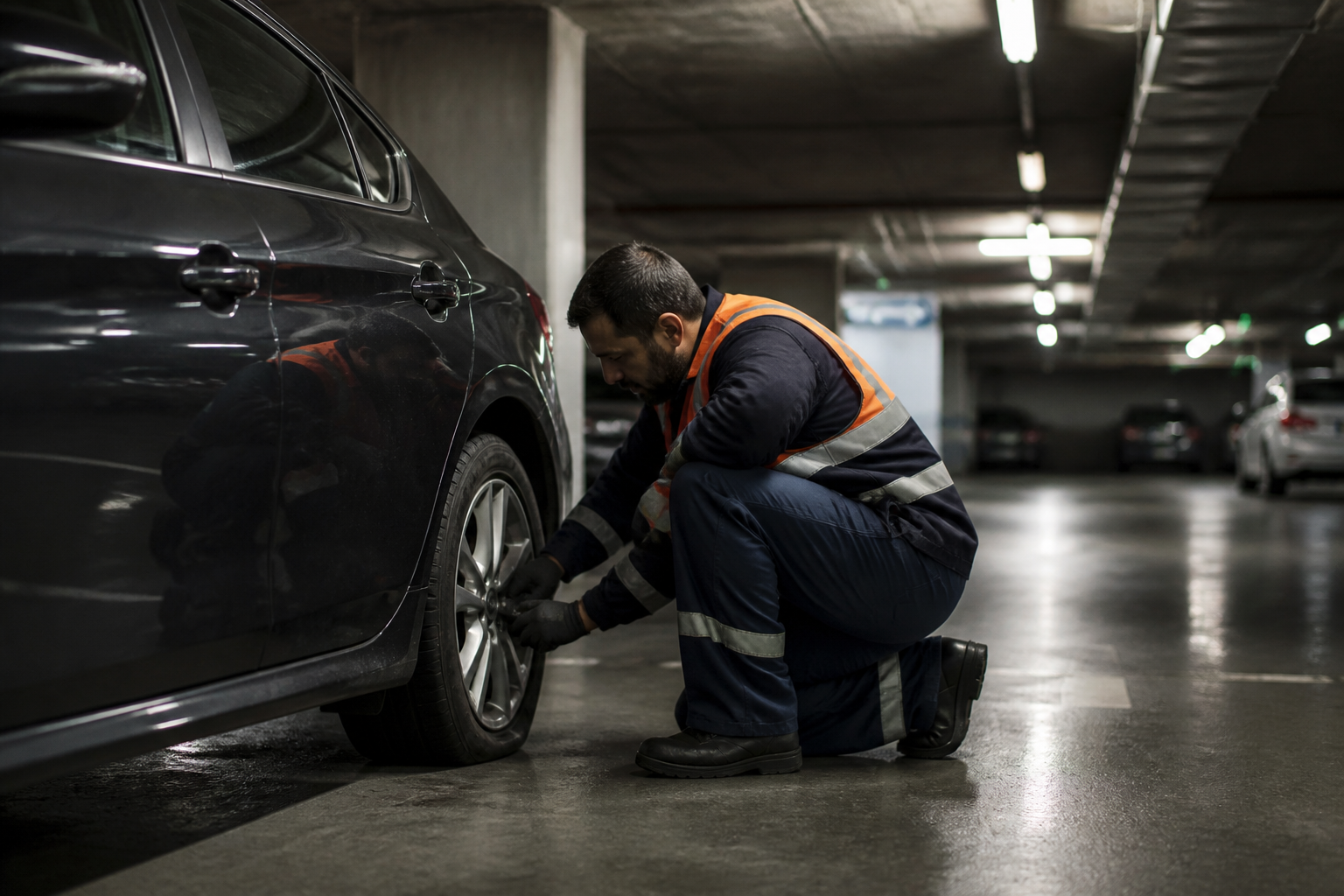 Dépanneur inspectant un pneu crevé dans un parking souterrain à Paris