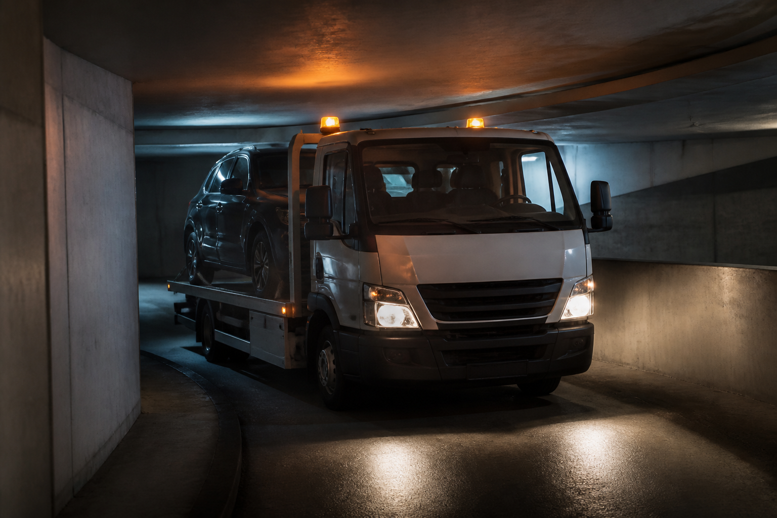 Dépanneuse Paris mobilisée dans un parking souterrain étroit