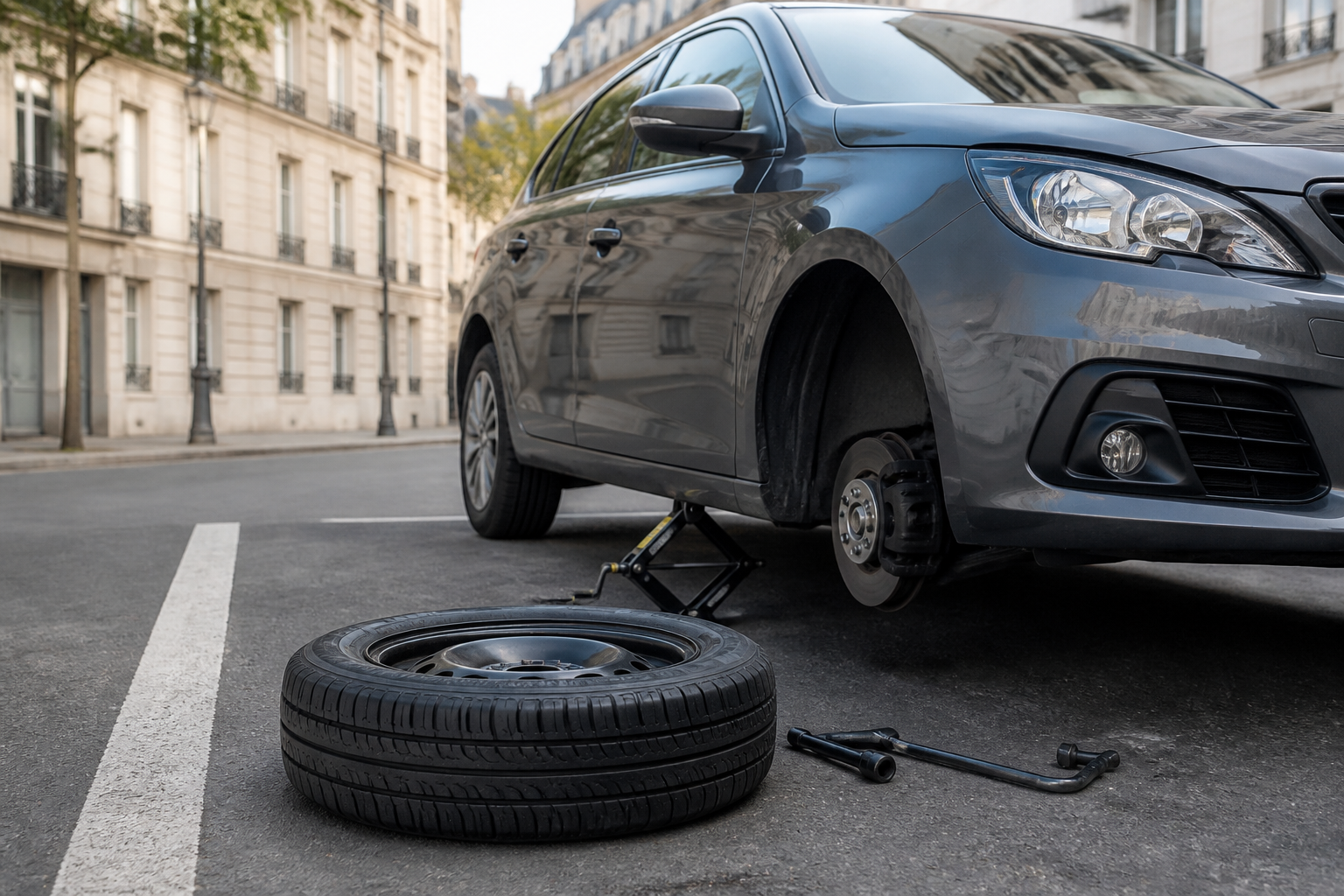 Pneu crevé dans un parking parisien avec matériel de changement