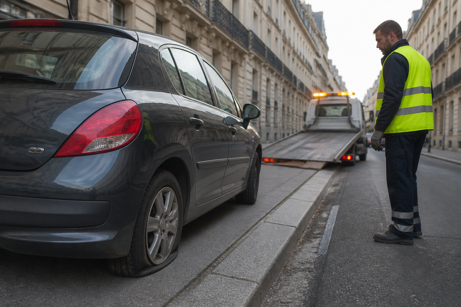 Dépanneur prêt à changer un pneu crevé sur une voiture dans une rue animée de Paris