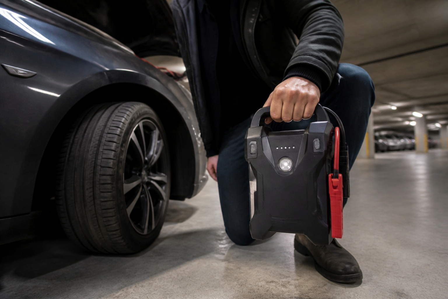 Booster de batterie et pneu dans un parking sous-terrain à Paris