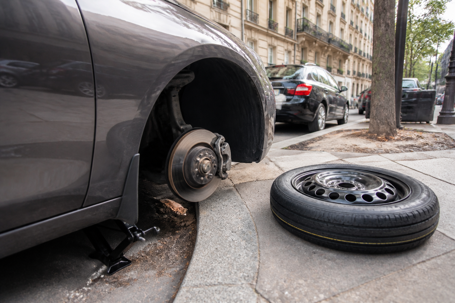 Crevaison voiture à Paris avec pneu de secours prêt à l'installation