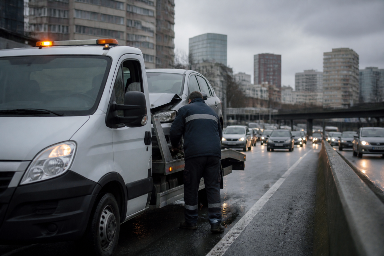 Dépanneuse en intervention sur le périphérique parisien