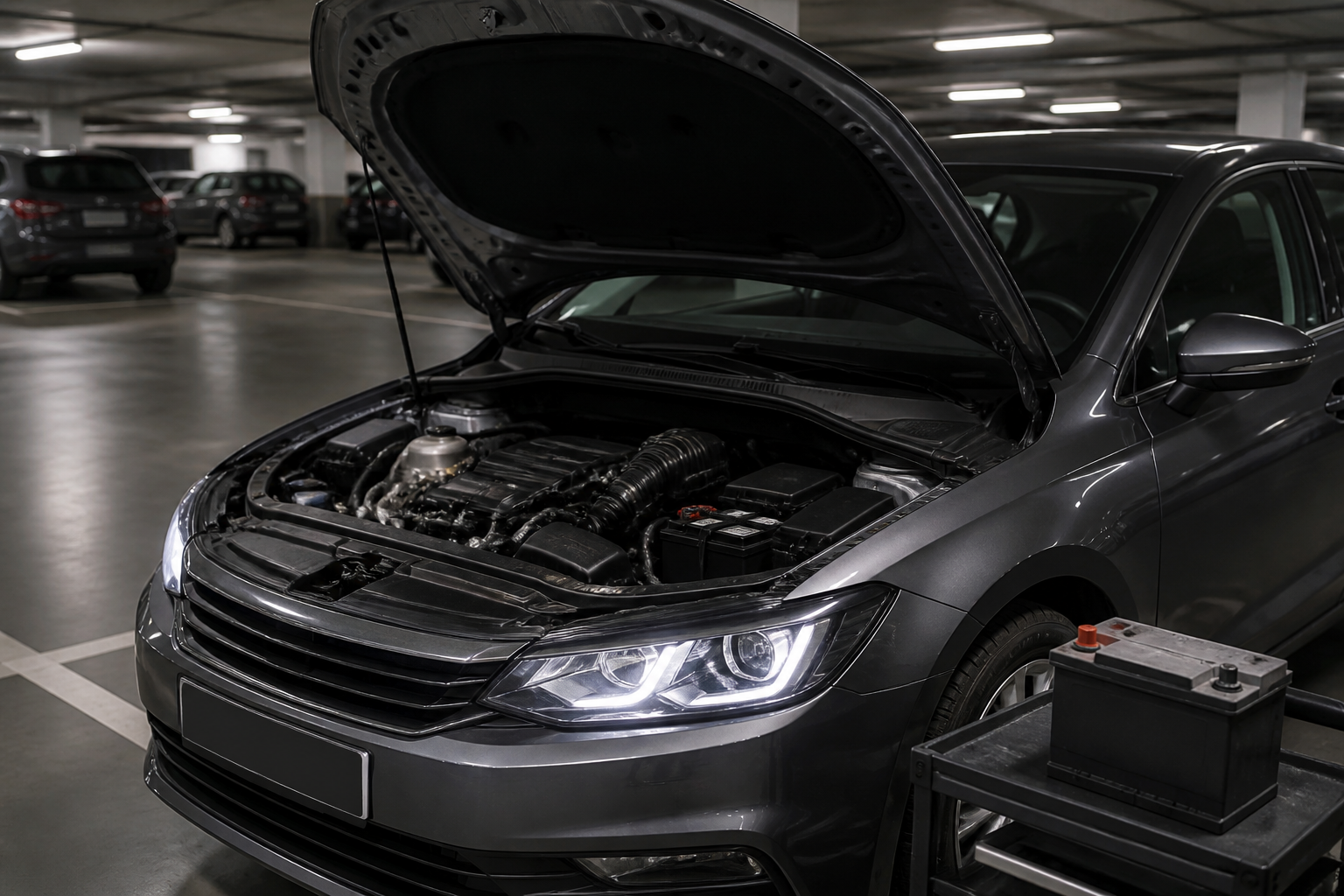 Remplacement de batterie d'une voiture dans un parking souterrain à Paris
