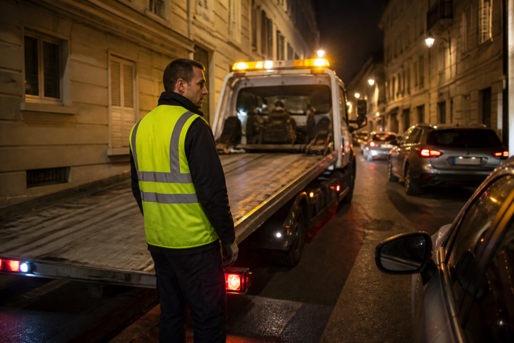 Dépanneur en gilet réfléchissant posant à côté d'une dépanneuse dans une rue étroite de Paris