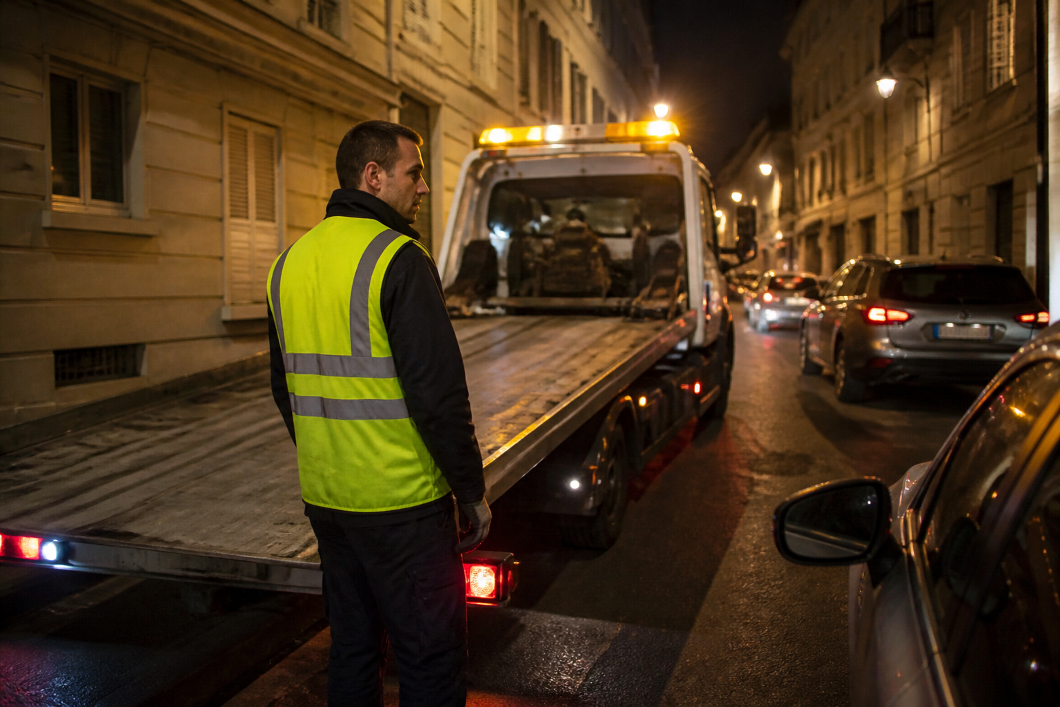 Dépanneur en gilet réfléchissant posant à côté d'une dépanneuse dans une rue étroite de Paris