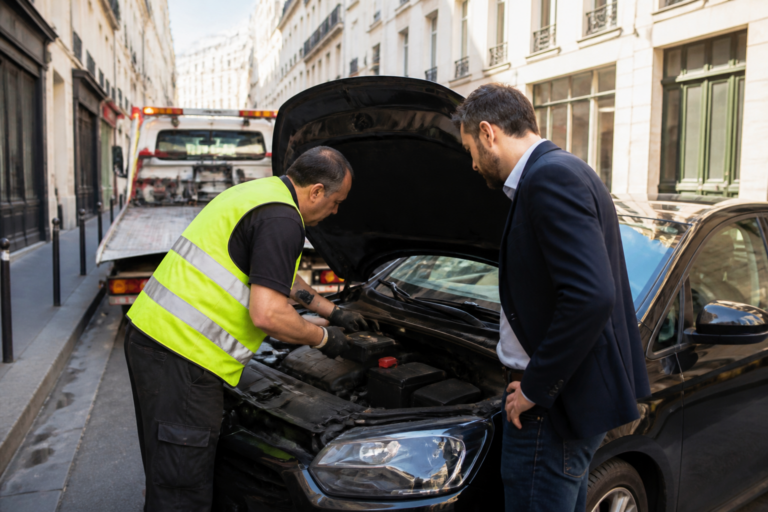 Dépanneur aidant à changer la batterie d'une voiture dans une rue étroite à Paris
