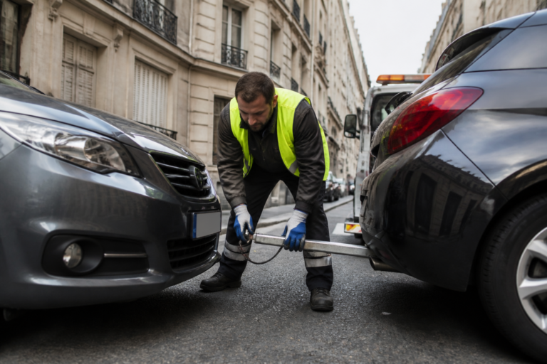Dépanneur attachant une barre de remorquage entre deux voitures dans une rue parisienne