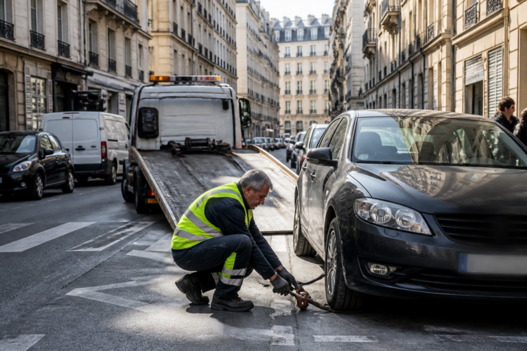 Dépanneur en gilet jaune avec dépanneuse dans une rue étroite de Paris