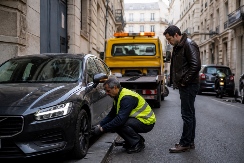 Dépanneur aidant un automobiliste à changer un pneu crevé dans une rue parisienne