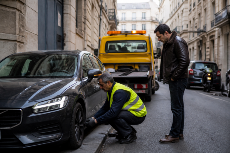 Dépanneur aidant un automobiliste à changer un pneu crevé dans une rue parisienne