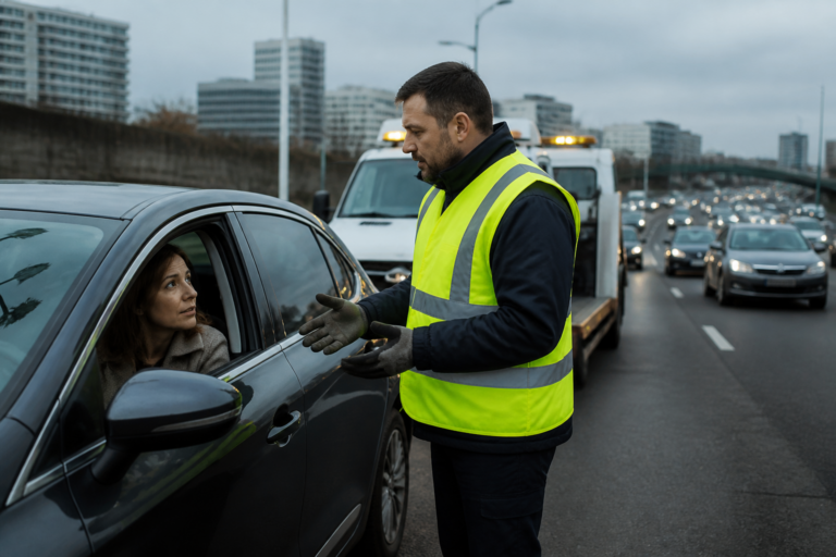 Dépanneur en gilet jaune sur autoroute près de Paris avec dépanneuse