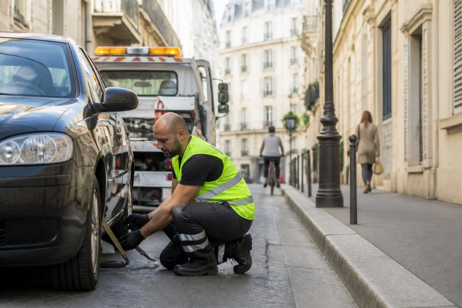 Dépanneur assistante près d'une voiture en panne dans une rue parisienne