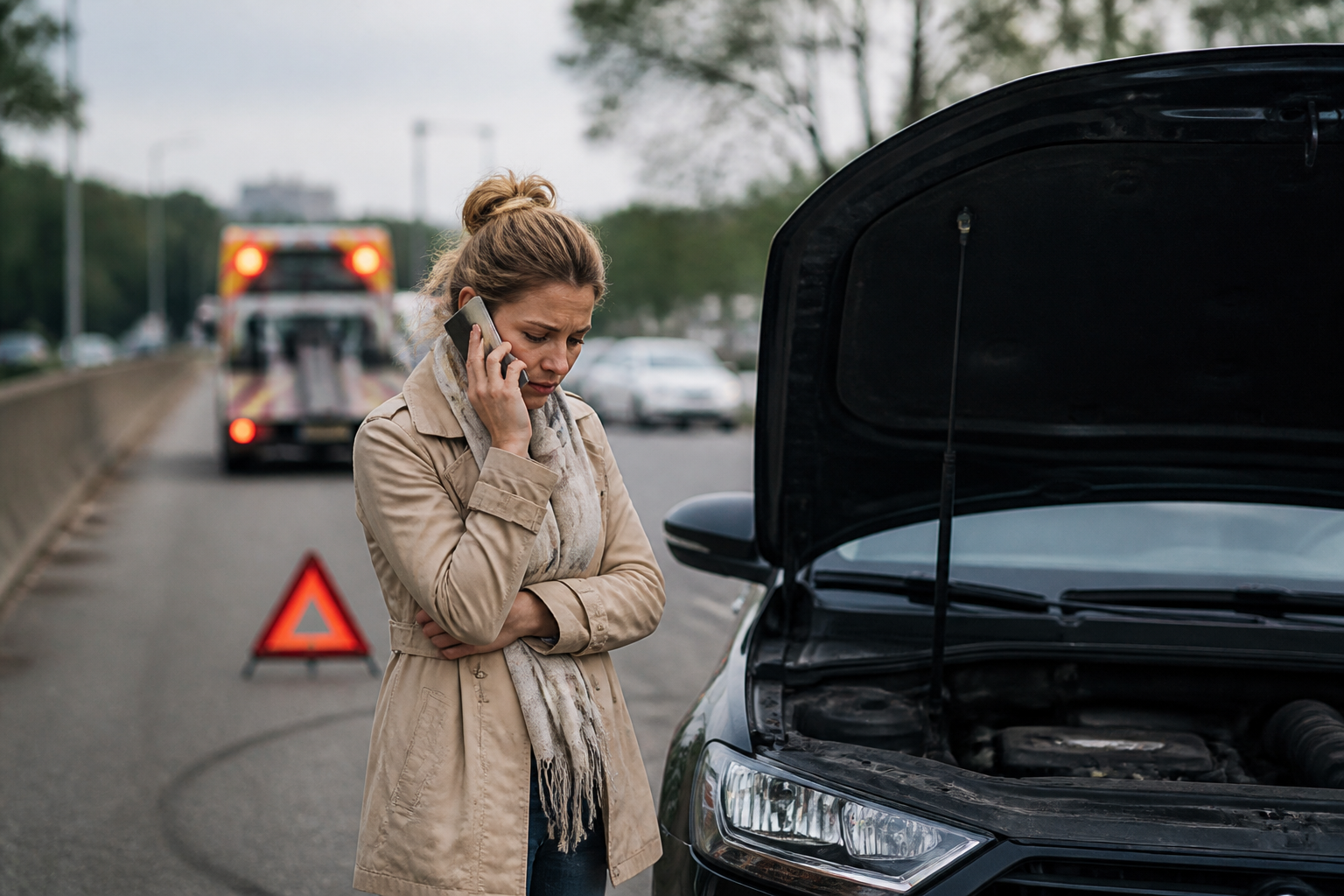 Voiture en panne sur le périphérique parisien avec triangle de présignalisation et dépanneuse prête à intervenir