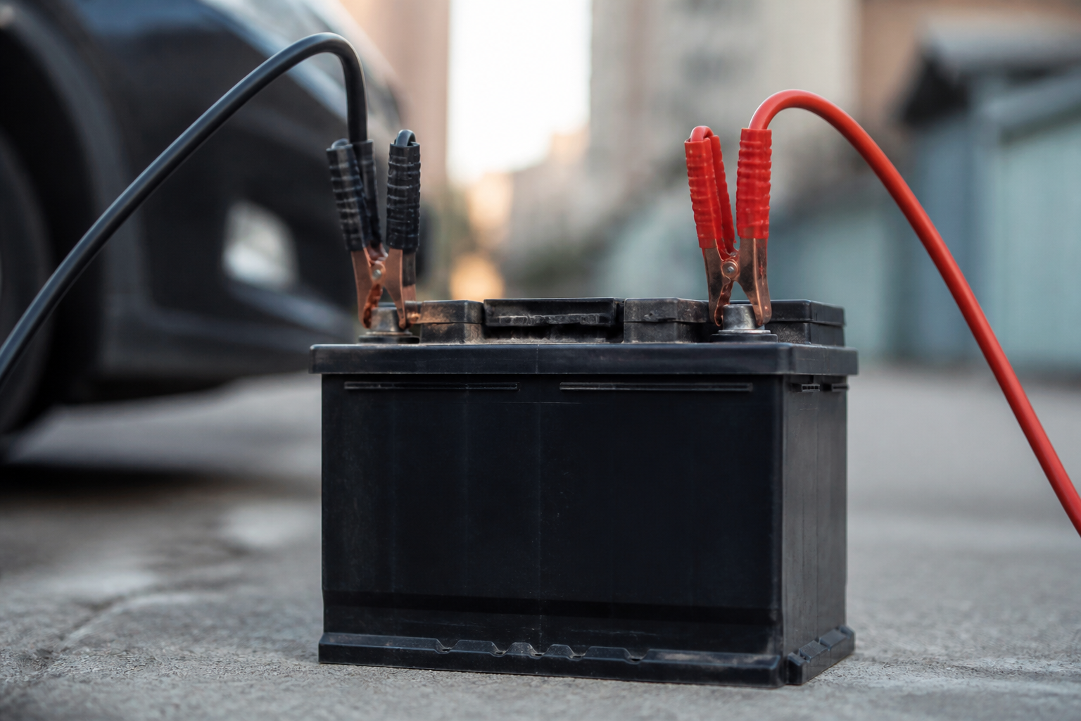 Batterie de voiture avec câbles de démarrage prête à être installée